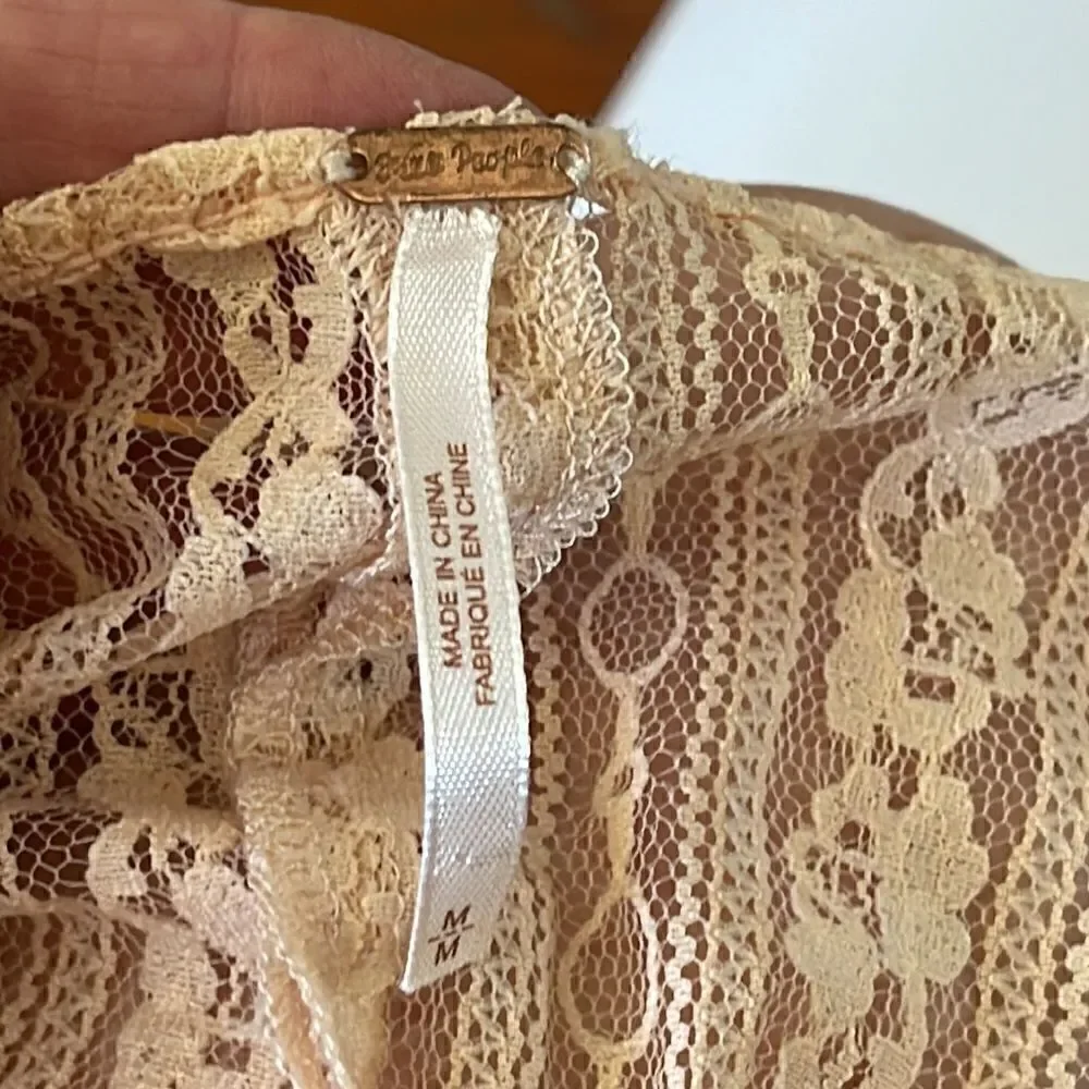 Free People Peach Tea Lace Sheer Oversized Split Back Top
